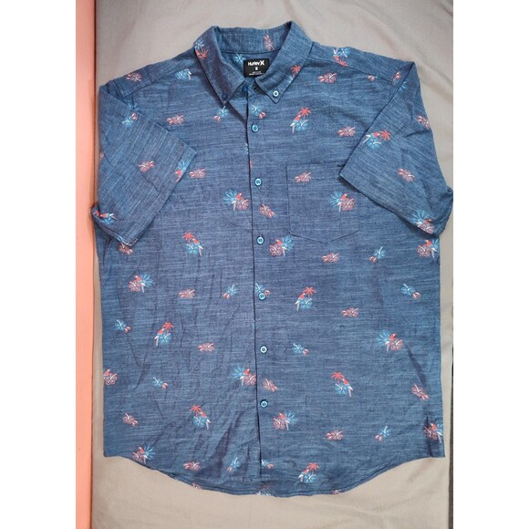 Men's Hurley OAO Stretch Short Sleeve Button Up Floral Print Blue Medium - Picture 6 of 10